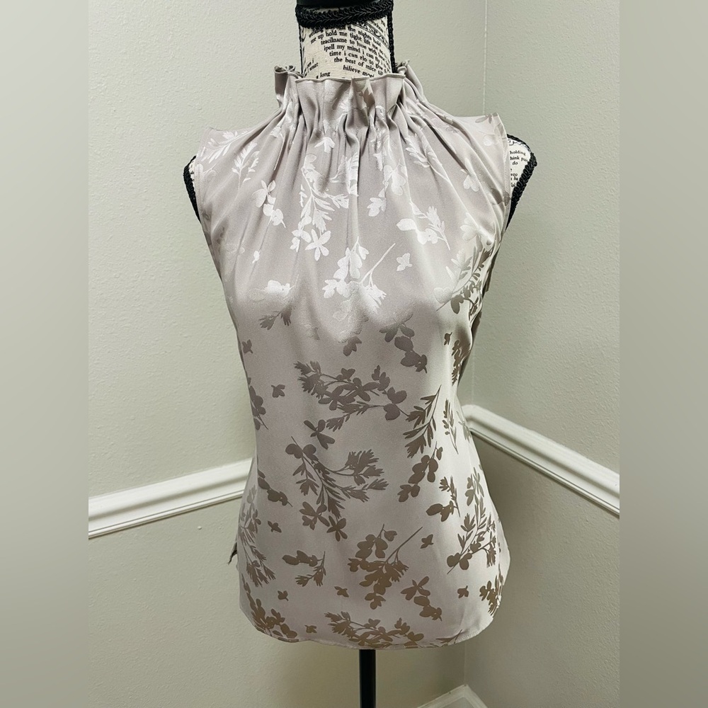 Ann Taylor Factory Soft Silver Floral High-Neck Satin Blouse